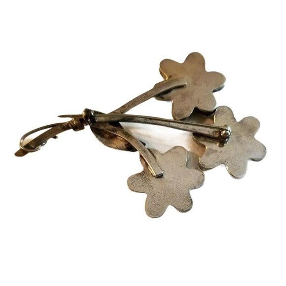 Artisan Brooch Sterling Silver Garnet Turquoise Flower Pin JS14 - Picture 8 of 10